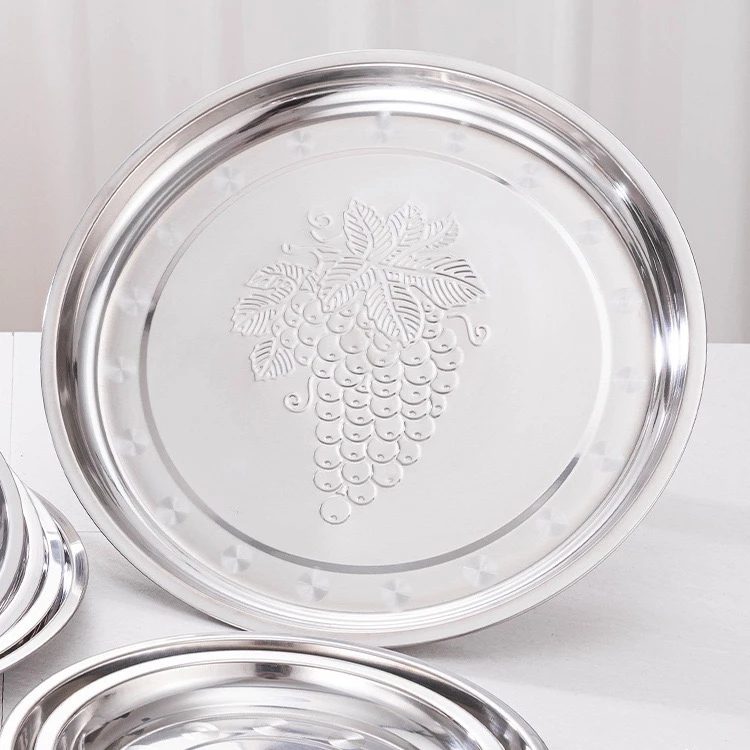 Wholesale price SS410 stainless steel Arab flower plate round pattern dinner food fruit plate serving tray
