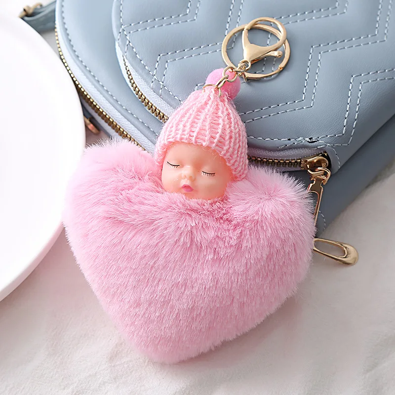XR kawaii False rabbitfur sleeping baby doll Heart Pompom keychain for girls sweet Plush sleepy baby keychain