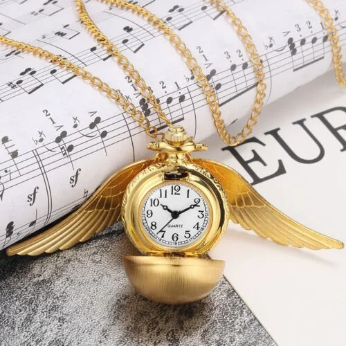 Retro Pocket Watch Necklace with Quartz Movement Silver Case Antique Style Featuring Golden Angel Wings Ball Heart