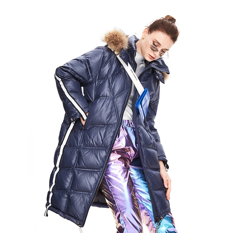 Women Medium-Length Raccoon Fur Collar Loose Ladies 90% Loose 90% Long White Puffer Duck Down Jacket Female Parkas