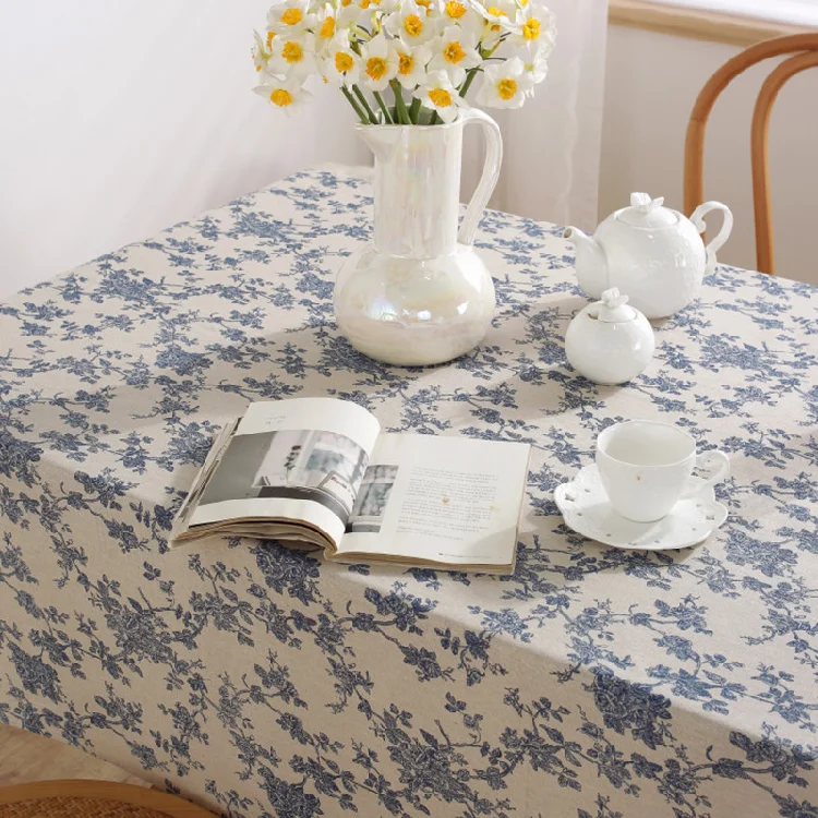 Fashionable Cotton Linen Tablecloths Blue Floral Pastoral Style Toile De Jouy Fabric For Slipcovers