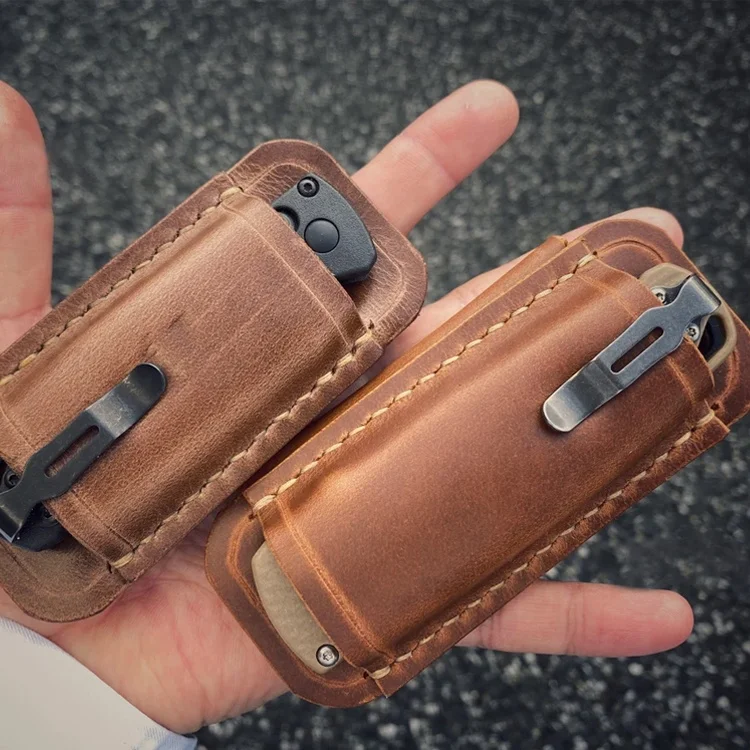 Outdoor Horizontal Carry Sheath Folding Knife Holder Belt Leather Pouch For