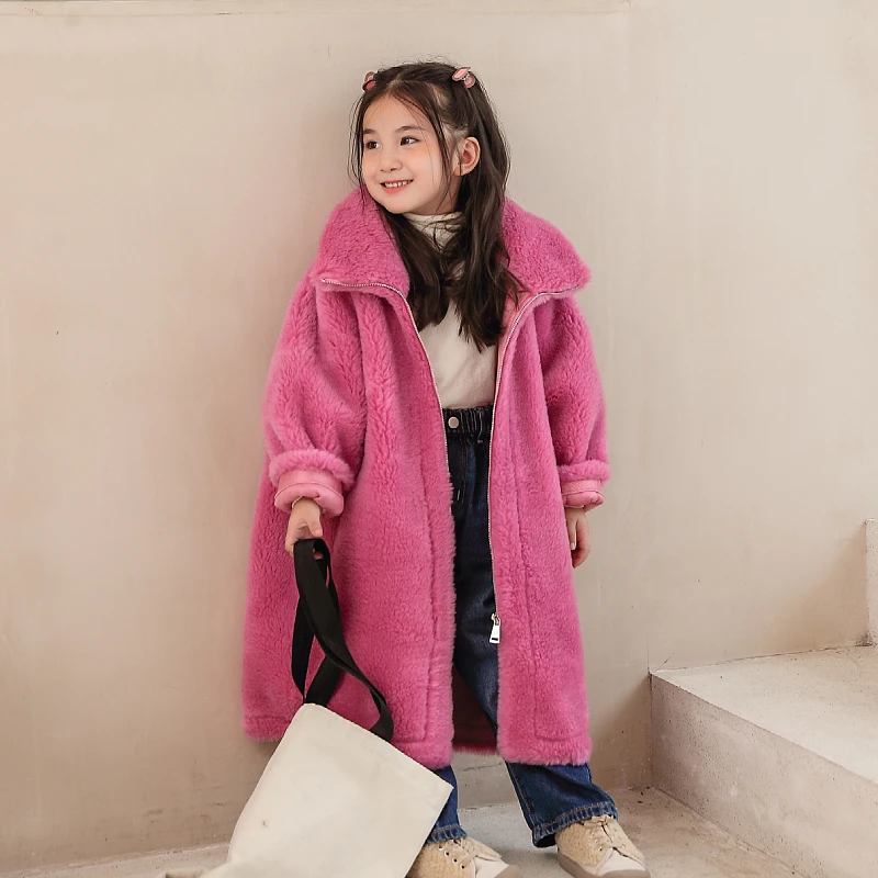 Fashion Long Style Children Colorful Teddy Coat Real Sheep Fur Shearling Coat Winter Cute Kids Teddy Bear Coat