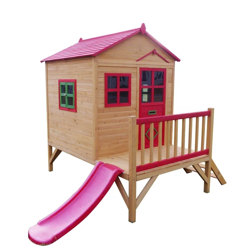 wooden kids outdoor playhouse with slide and stair