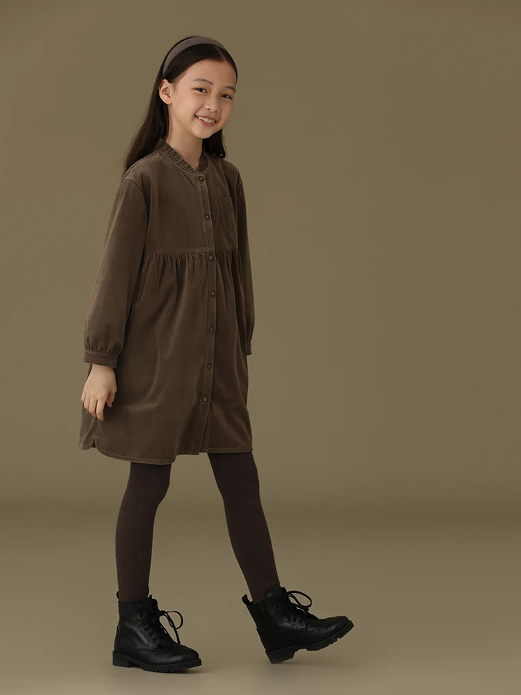 Winter New Casual Fungus Collar Open Button Corduroy Parent-Child Plus Velvet Long-Sleeved Girl Dresses 6 to 14 Years