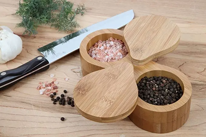 Double Round Bamboo Container Salt and Pepper Wooden Box Spices Storage Jar