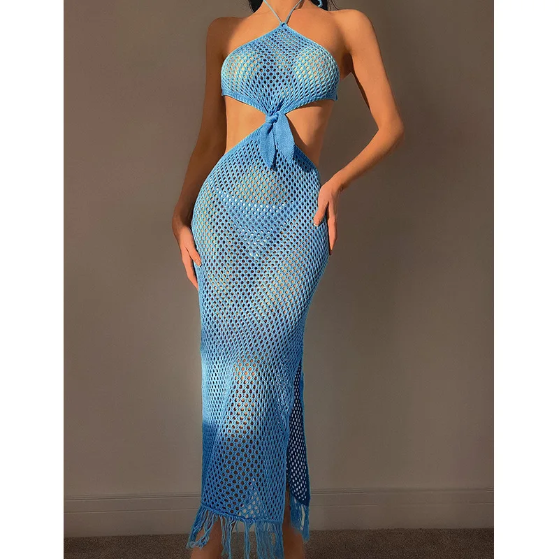 Fashion Sky Blue Sleeveless Knitted Slit Dresses for Women New Design Hollow Out Backless Cover Up Casual Halter Tassel Dress