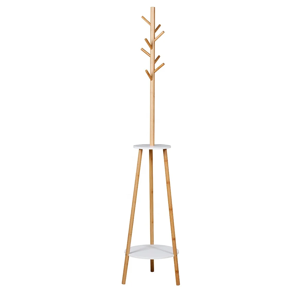 Free standing home hallway entryway furniture modern bamboo tree garment hat coat rack with storage shelf