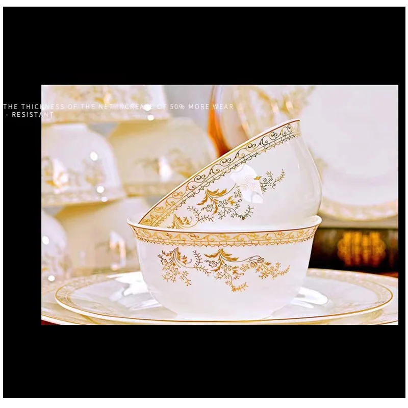 Luxury Food Grade Porcelain Restaurants Bowl Dishes Plates Dinner Set Tableware Golden Edge Bone China Dinnerware Set