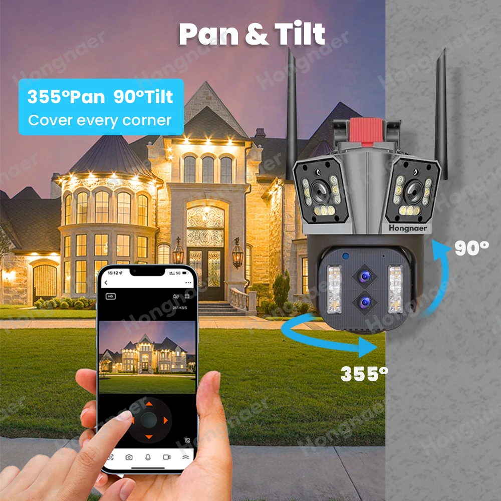 Hongnaer 8K WiFi Camera Outdoor 10X Zoom Surveillance Four Lens Three Screen Security Camera Video CCTV AI Tracking Wide Angle