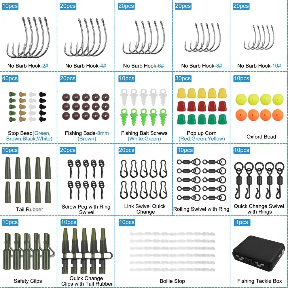 300Pcs Carp Fishing Tackle Kit Including Carp Hooks Quick Change Swivels Hook Stop Beads Boilie Bait Screw Safety Clips
