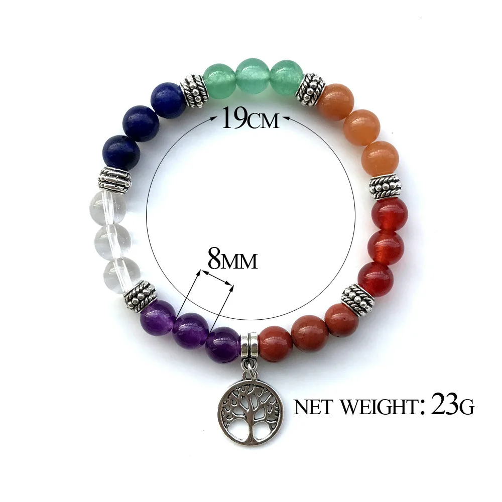 Bestone Natural Gemstone 7 Chakras Bracelets 8mm Rope Yoga Beads Bracelet with Charm for Women