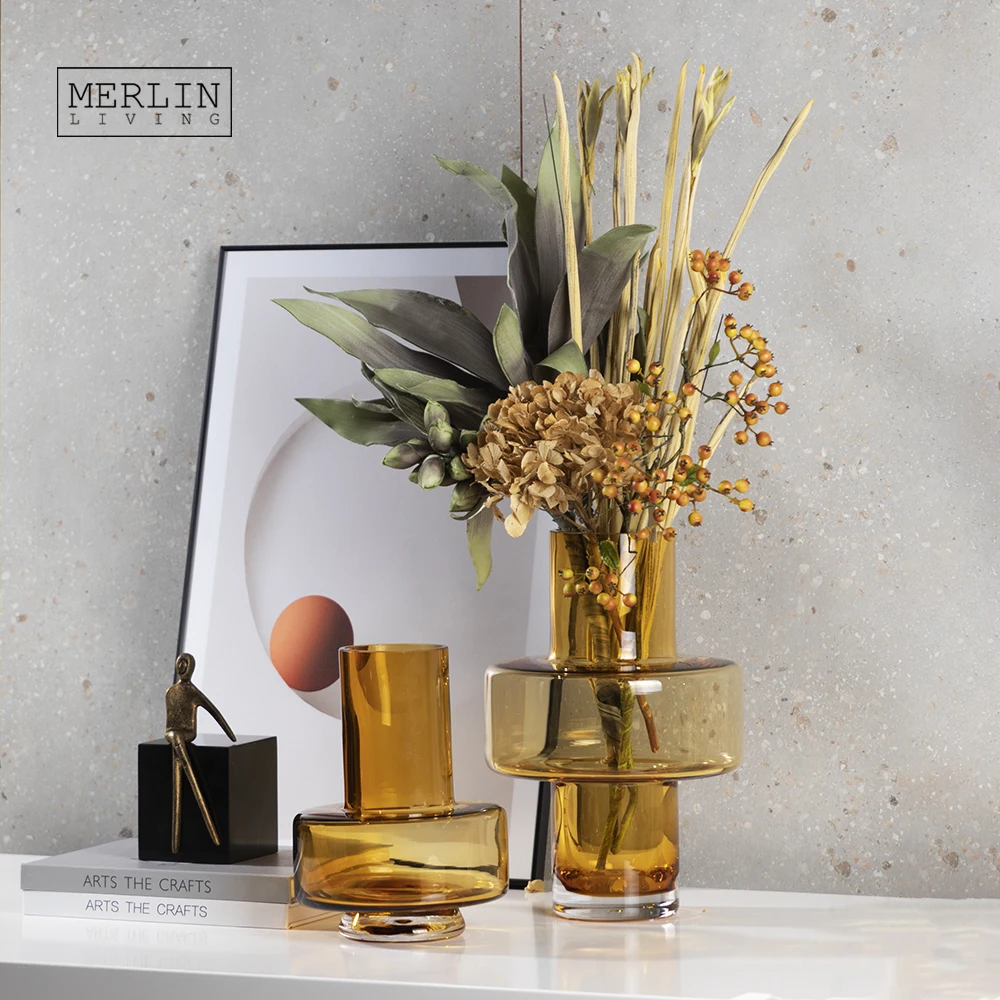 Стеклянная ваза Merlin с витражом в скандинавском стиле, стеклянная ваза-цилиндр янтарной резки для украшения ВАЗ