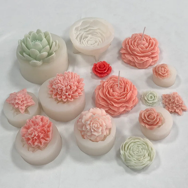 Many Flowers Scented Candle Silicone Mold Peony Flowers Lotus Carnation Plaster Ornaments Flip Sugar Cake Molds Wedding Gifts