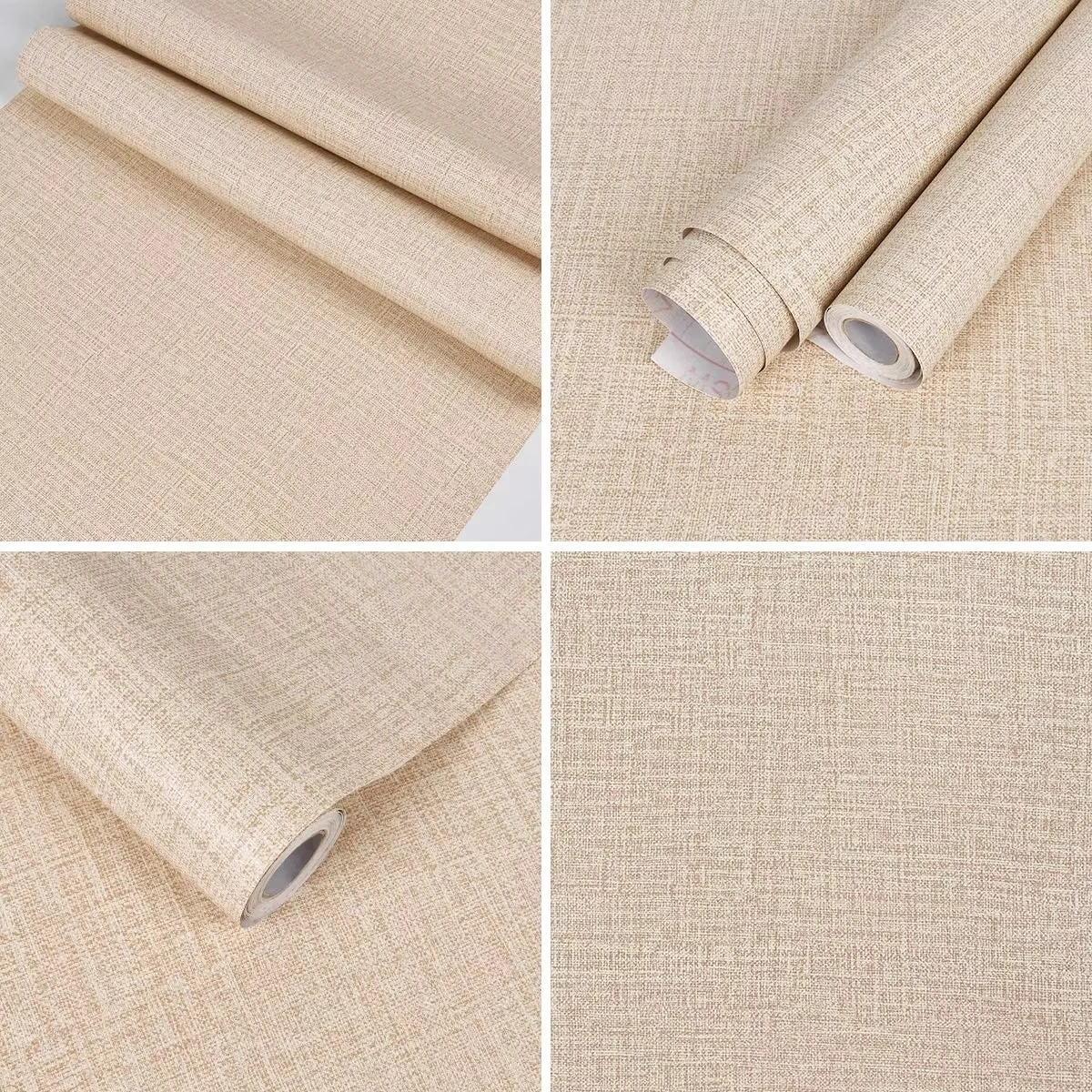 OEM ODM Beige Elegant 3D Linen Texture Peel And Stick Wall Paper Decor Pvc Self Adhesive Wallpaper For Bedroom