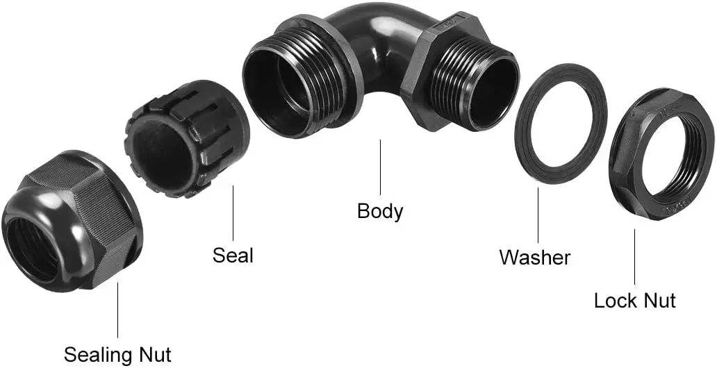 Black/Grey IP68 90 Degree Elbow Waterproof Nylon Bending Angle Cable Gland