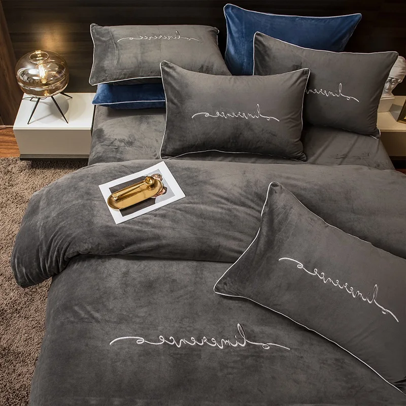 letters embroidered crystal velvet quilt cover and pillow cases set cozy plush solid luxurious velvet bed sheets
