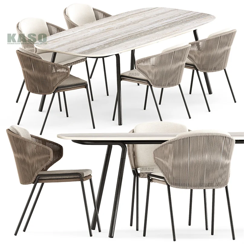 Garden Balcony Patio Hotel Restaurant Modern Cast  Aluminium Rattan Wicker Wood Rope Dining Outdoor Table And Chair Set