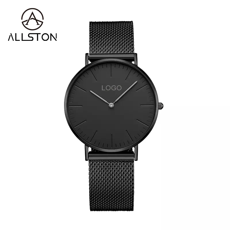 Пользовательские простые черные водонепроницаемые кварцевые часы из нержавеющей стали мужские ультратонкие минималистские