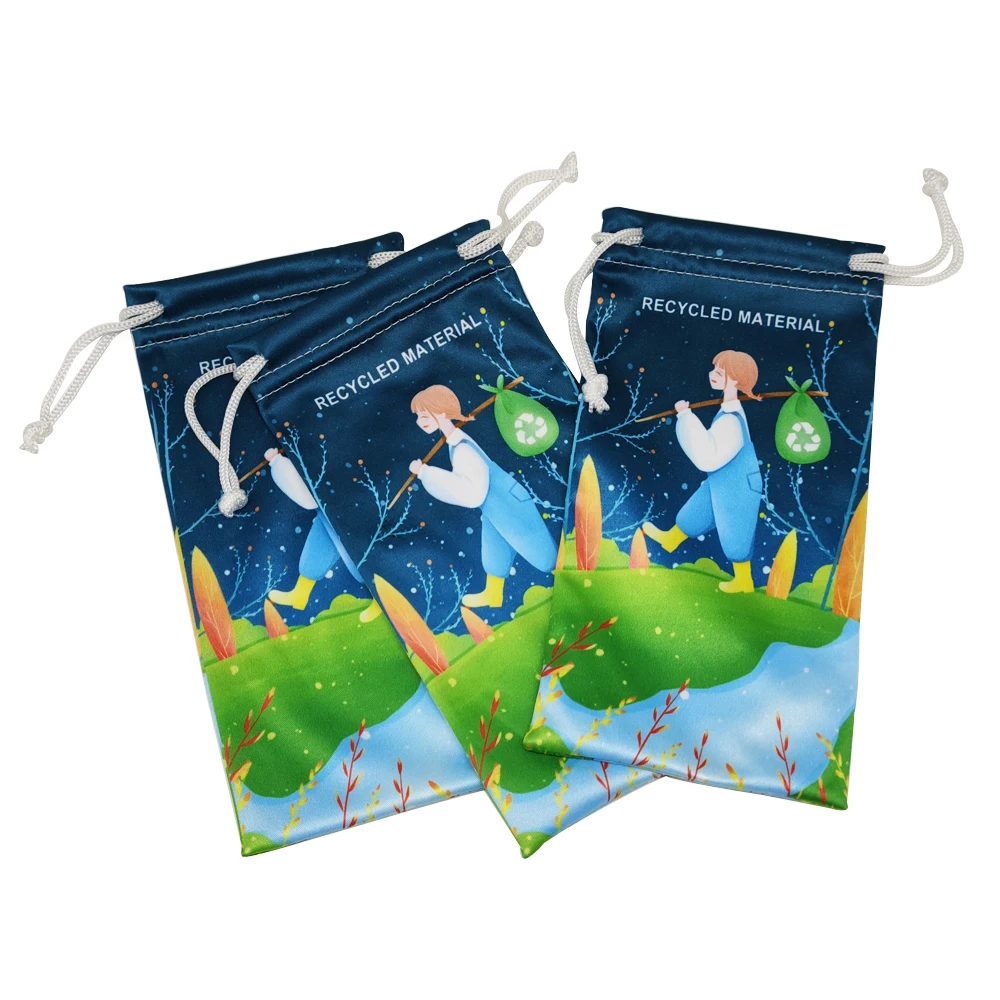 RPET Microfiber Lens Cloths Glasses Packaging Bag Custom Print Drawstring Black Rpet Sunglasses Pouch