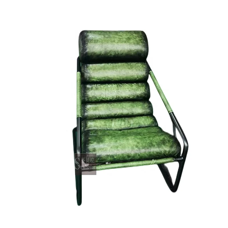 loft industrial forged metal antique green genuine leather arm chair hotel living room reclining chair single seat sofa