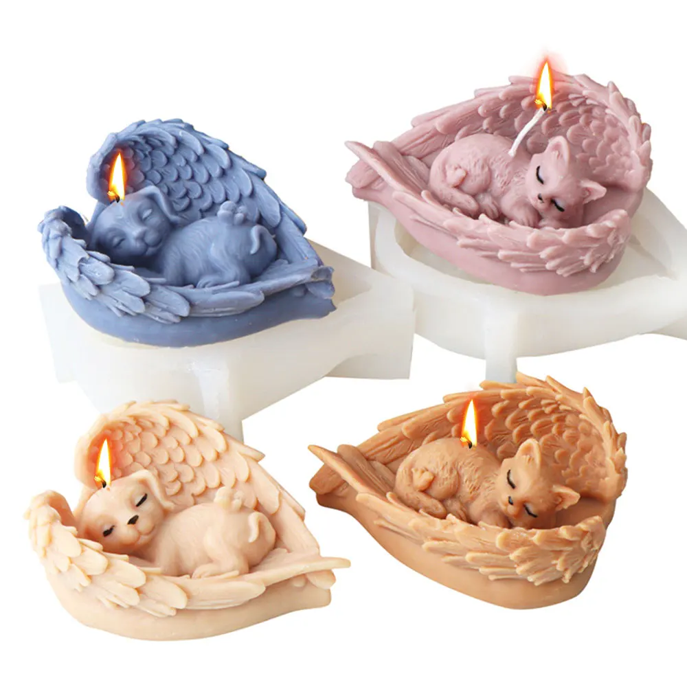 DIY Wholesale 3D Angel Dog Animal Candle Moulds Sleep Puppy moldes de silicona para velas Wings Kitten PlasterCat Candle Molds