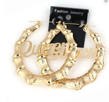 Hot Selling Personalized Letter Melanin 18k Gold Plated 9CM Huggie Bamboo Name Hoop Earrings Custom huge Bamboo Earrings