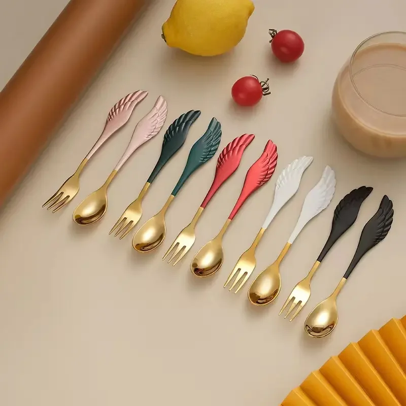 Colorful Stainless Steel Angel Wings Spoon Christmas Spoons set Coffee Spoon Tea Fork