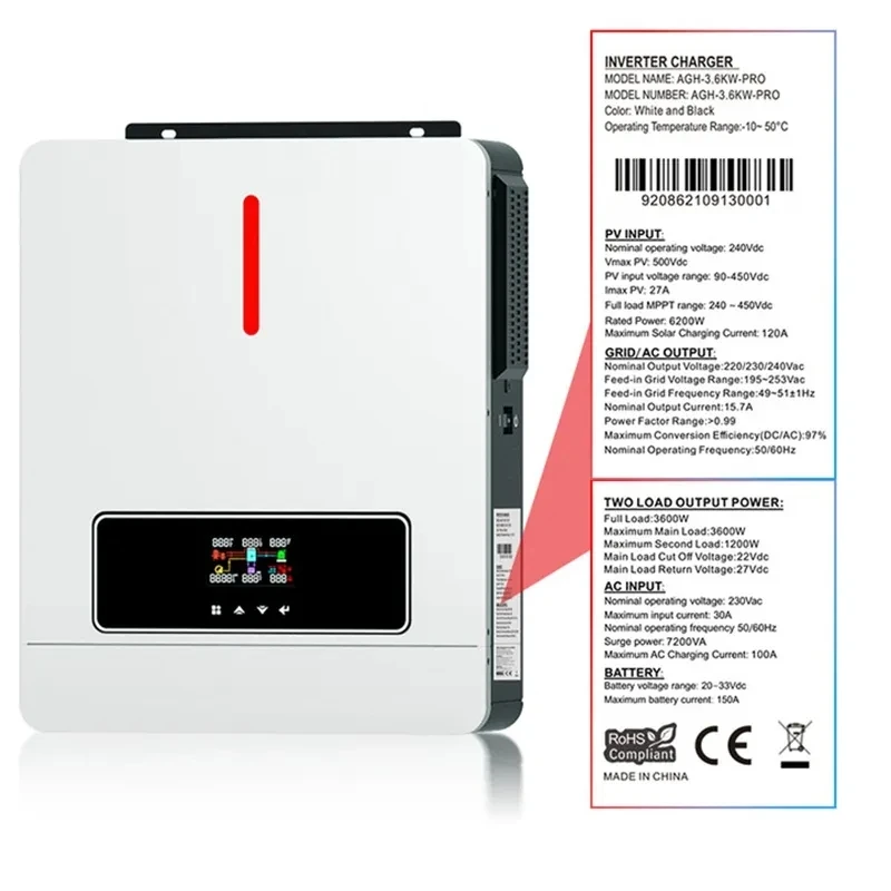 3600W 6200W Solar Hybrid Inverter Charger 24V 48V Battery Pure Sine Wave 220VAC 120A MPPT Solar Charge Controller LCD