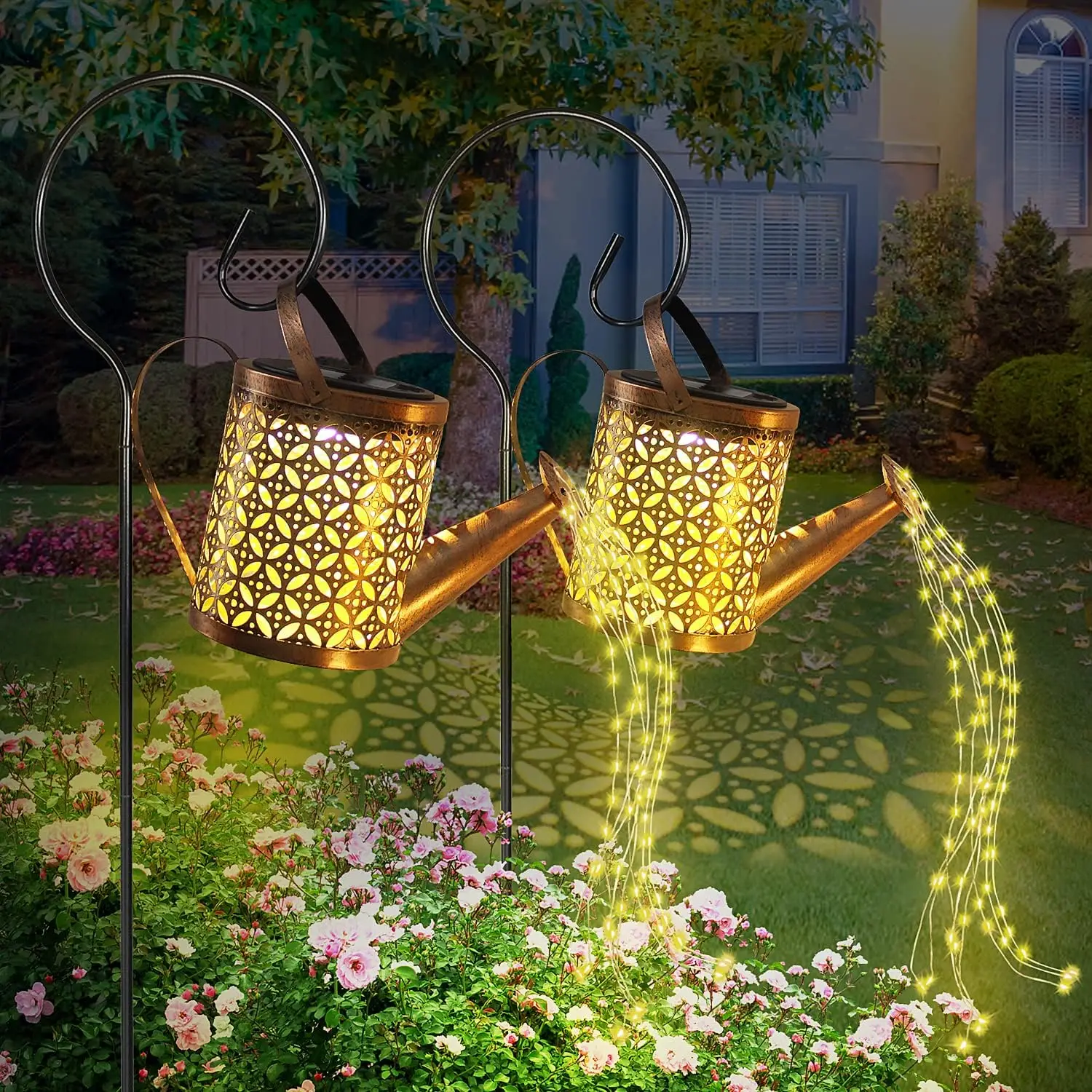 Yard Romantic Festival Decorations Solar Watering Can Lamp Led Light Garden Artwork Hollow Wrought Iron Kettle Shower Lamp