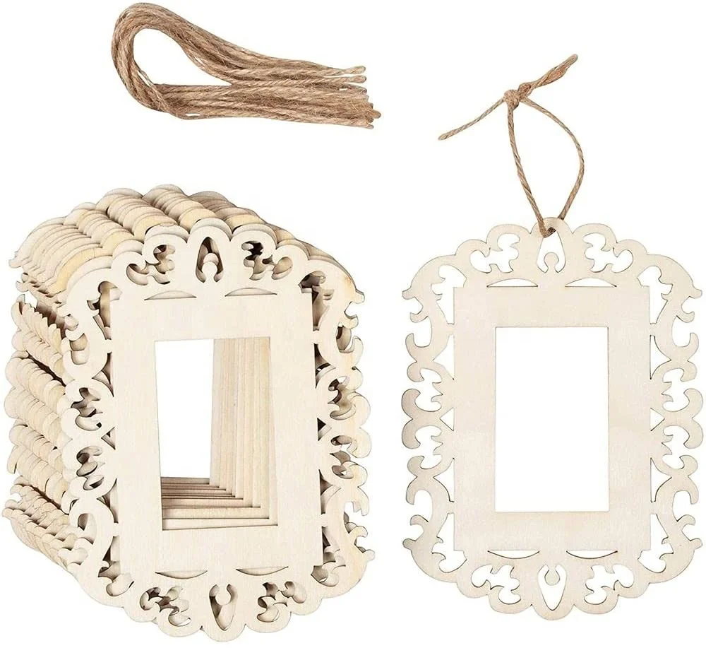 Plywood wooden frame hollow mini wooden photo frame with jute rope, home photo decoration collection display pendant