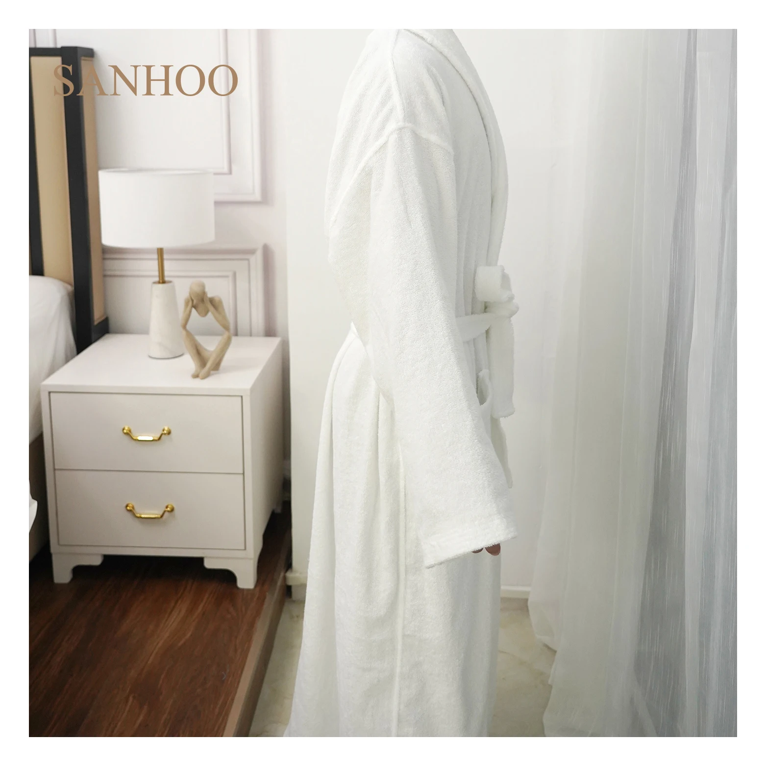 SANHOO Custom 5 Star Hotel Luxury Spa Velour Bath Robe 100% Cotton Bathrobe With Terry Toweling Inner
