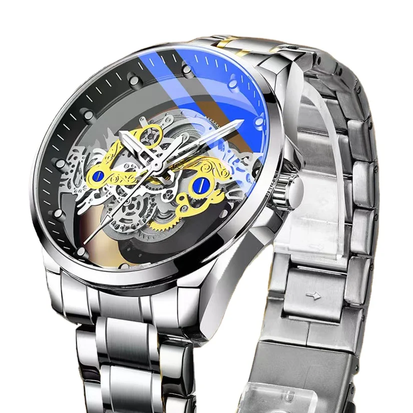 2024 Hot Selling Gold Skeleton Automatic Quartz Watches Wristwatch Luxury For Men Waterproof Luminous Stainless Steel Watch