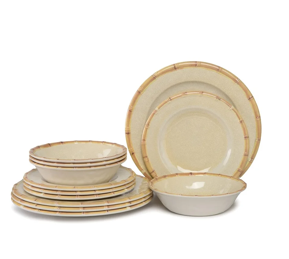 Crockery bamboo rim round dinner desert food grade serving plate dinnerware 12pcs set
