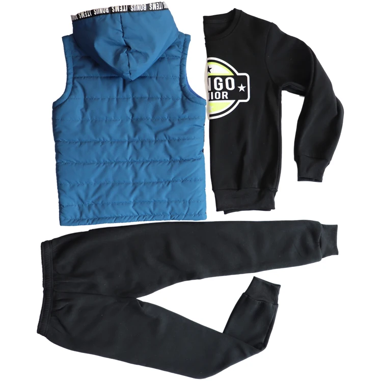 Готов к отправке, минимальный заказ, популярный стиль, три предмета, повседневное удобное хлопковое теплое пальто, жилет, комплект детской одежды для мальчиков с капюшоном