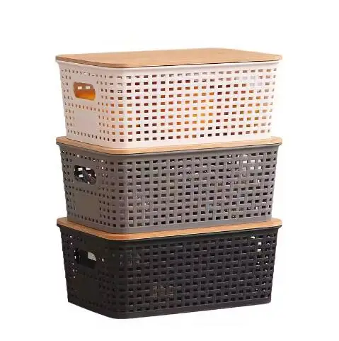 Nissen Hot sells durable desktop plastic storage containers Stackable storage baskets, plastic storage baskets with bamboo LIDS