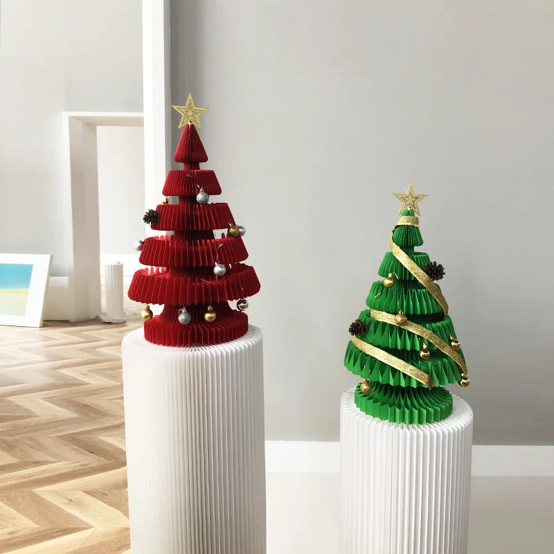 60cm 230cm 300cm Hot Selling Foldable Party Decoration Recycle 3D Xmas Tree Honeycomb Paper Custom Green White