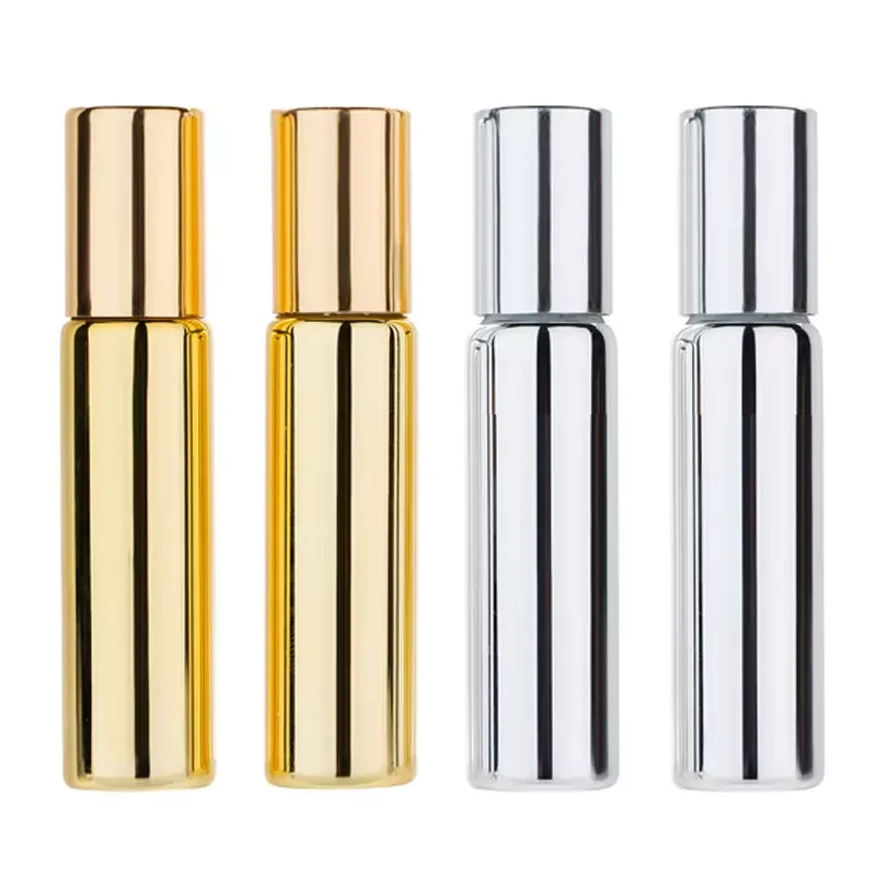 perfume roller bottle container black  sliver UV glass roll on bottle empty gold glass spiral cap essential oil bottle 10ml