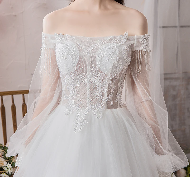 2019 Latest Popular Flat Shoulders Embroidery Pearl Beaded Princess Wedding Gown with Medium Puffy Sleeve