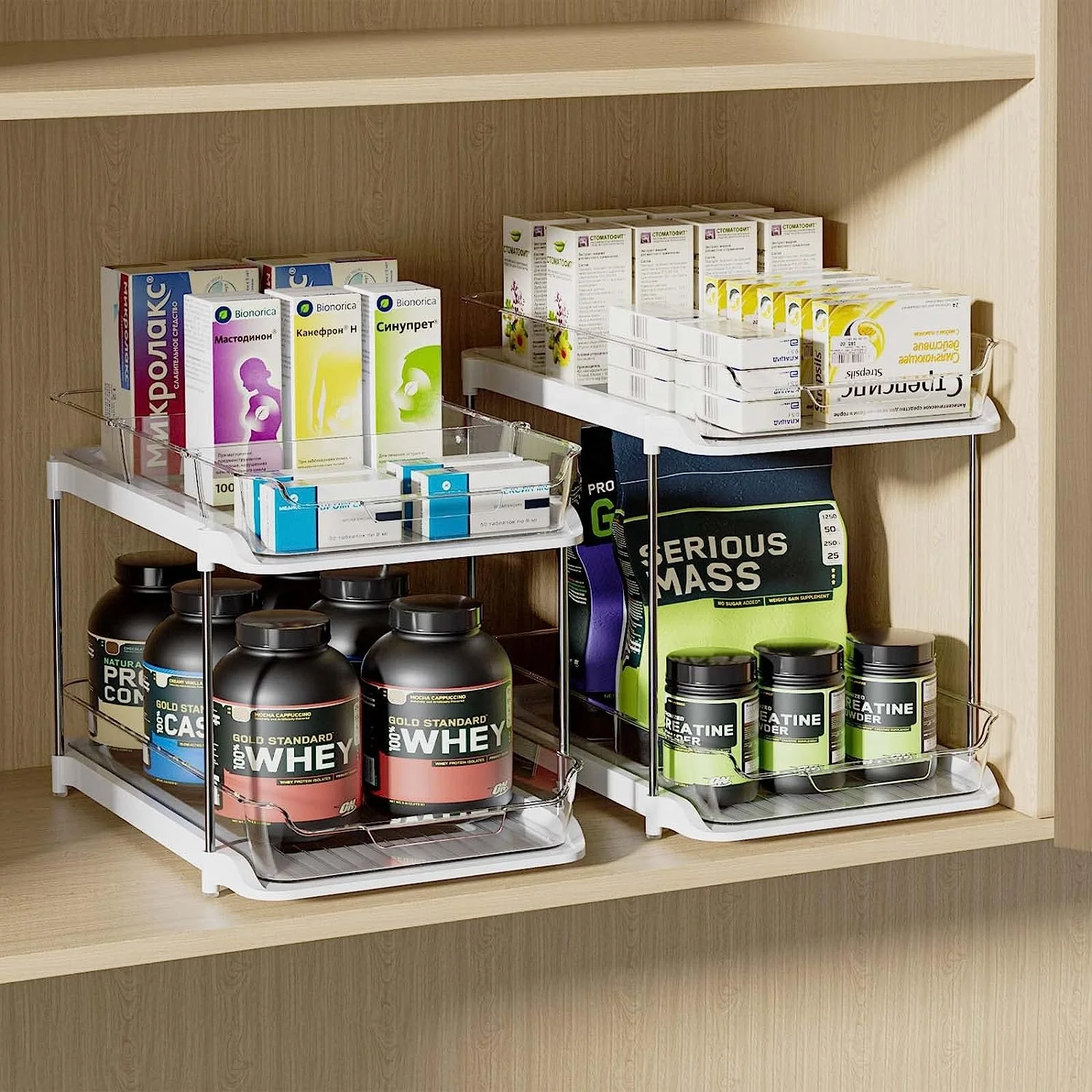 2023 New Transparent Under Sliding Cabinet Storage Container Basket Drawer Rack 2 Tier Clear Organizer With Dividers