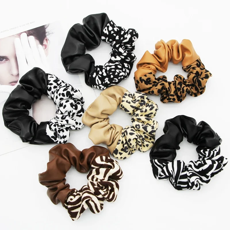 Leopard Zebra Printed Fabric with Leather Bands Elastic Hair Ties Rope Ponytail Holder for Women Girls Furry Hair Scrunchies
