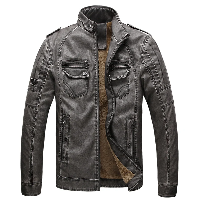 
Wholesale Mens Casual Leather Jacket Autumn Winter Fashion Thicken Fleece Lined Jacket jaqueta couro Brown Color Leather Jaket 
