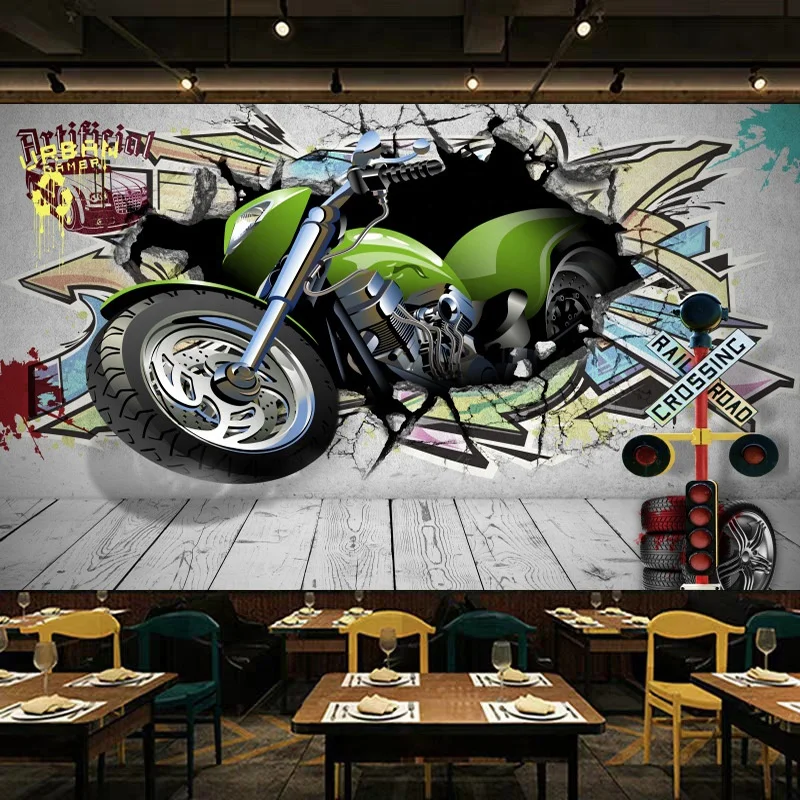 3d stereo vintage restaurant motorcycle wallpaper car racing personality wallpaper bar ktv decorative murals
