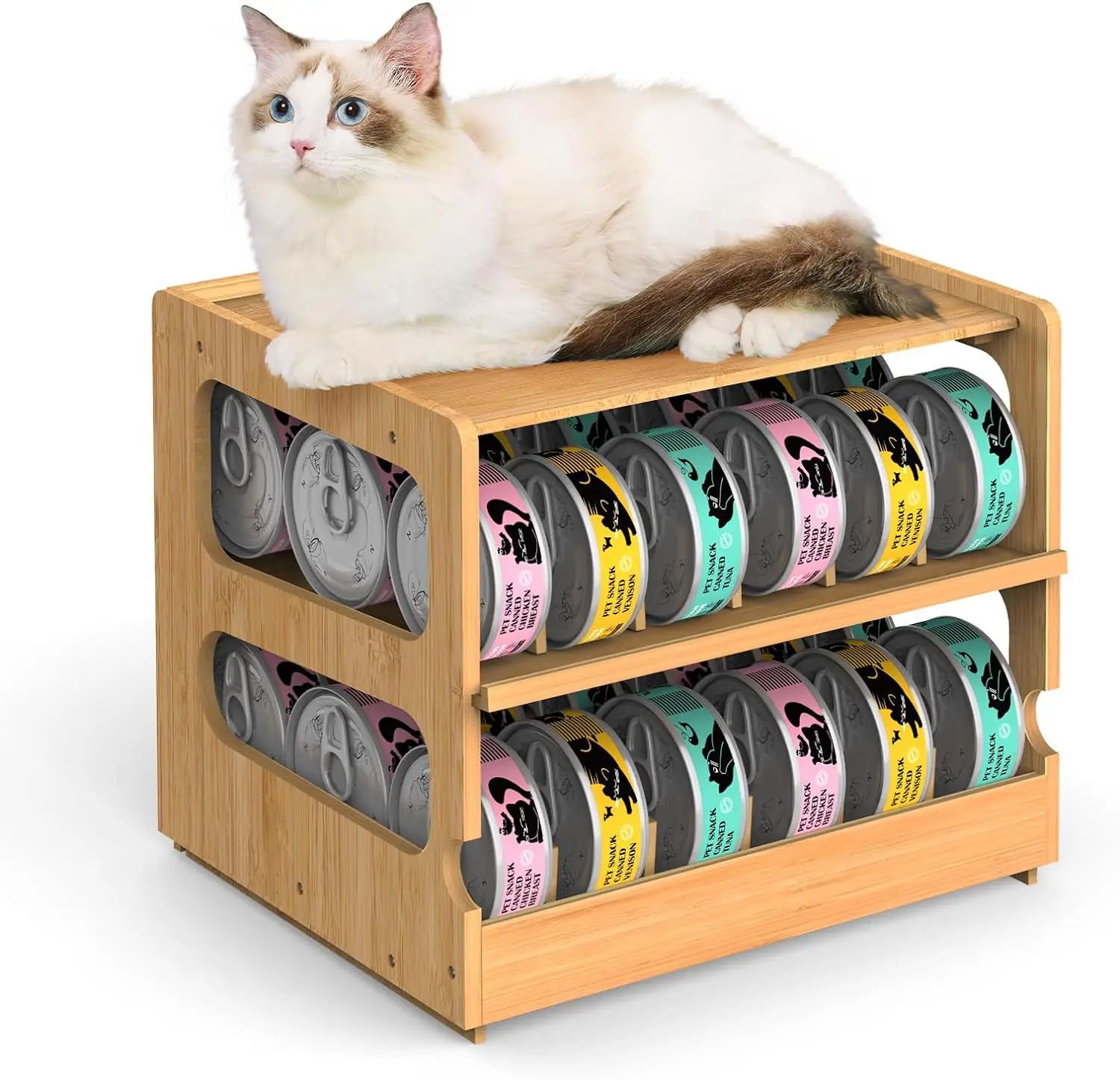 Оптовая продажа органайзер для кладовки из бамбука двухуровневый стеллаж хранения идеально подходит консервных банок людей и домашних животных