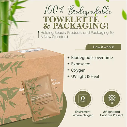 Makeup Remover Wipes Individually Wrapped. 100% Biodegradable Towelette and Packaging Single Makeup Remover wipes With Logo