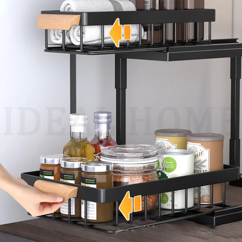 Factory customization Kitchen cabinet condiment layering storage rack drawer type deep cabinet under sink sink storage rack