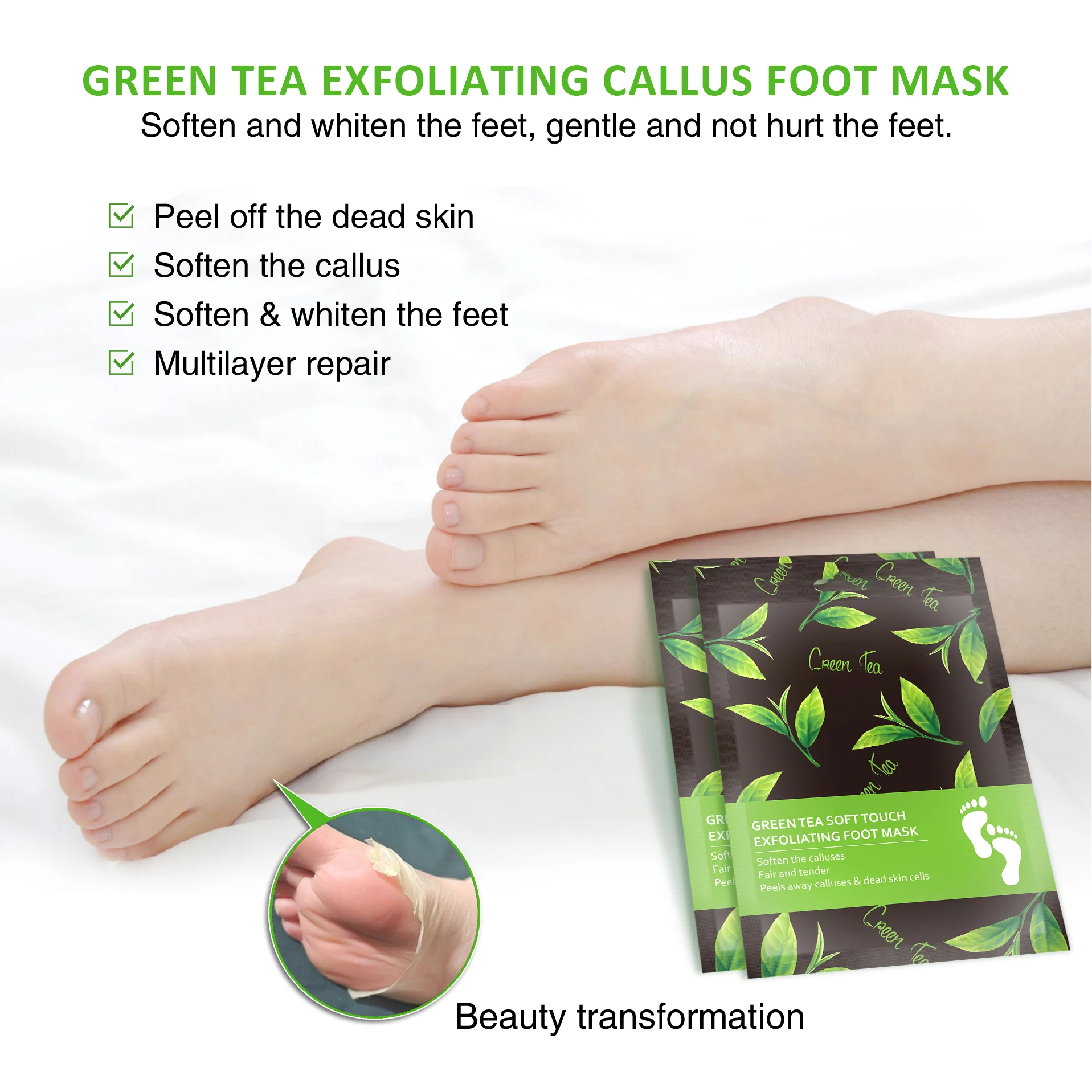 OEM Green Tea Foot Peel Mask Socks White Soft Feet Nourishing Dead Skin Removal Exfoliating
