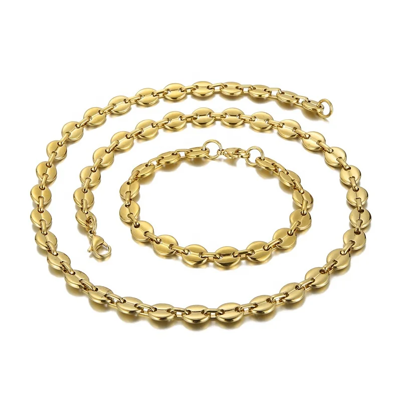 Mens Chunky Gold 11mm Pig Nose Chain Hip Hop Jewelry Stainless Steel Coffee Beans Link Chain Men Necklace