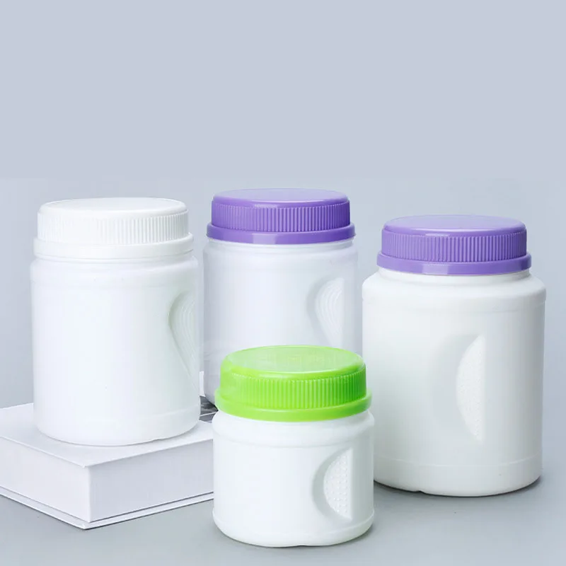 Handheld protein powder bottle white 1000ml 500ml PE wide mouth plastic jar muscle enhancing protein powder bottle
