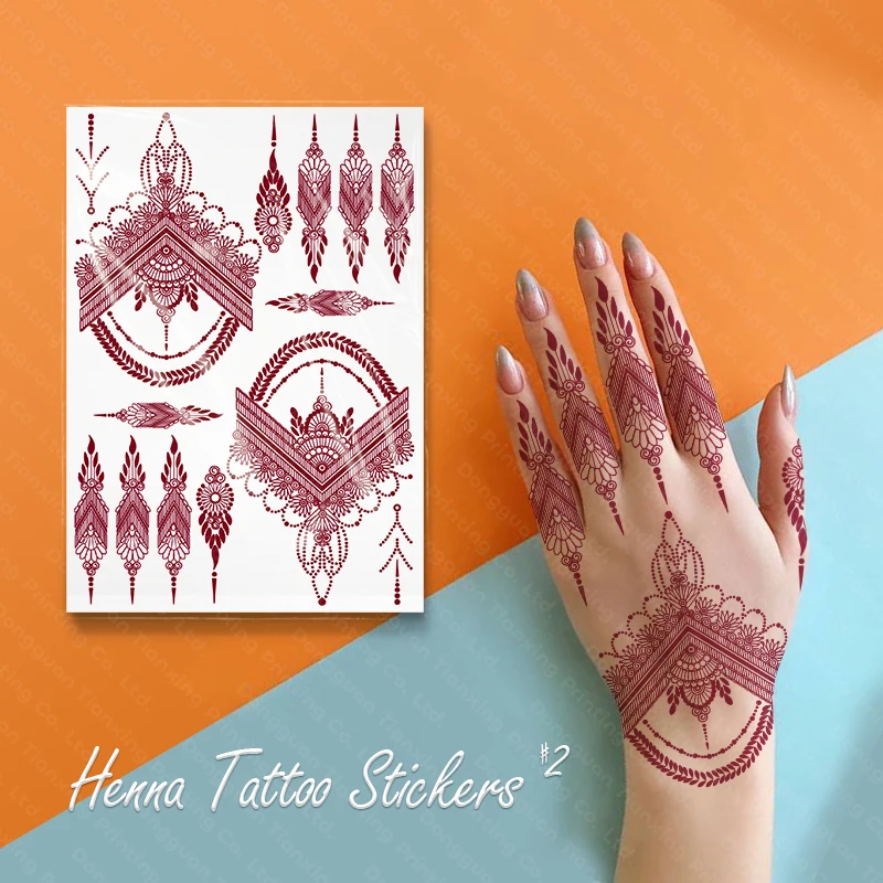 High Quality Red Brown Mehndi Waterproof Temporary Henna Tattoo Stickers For Hand